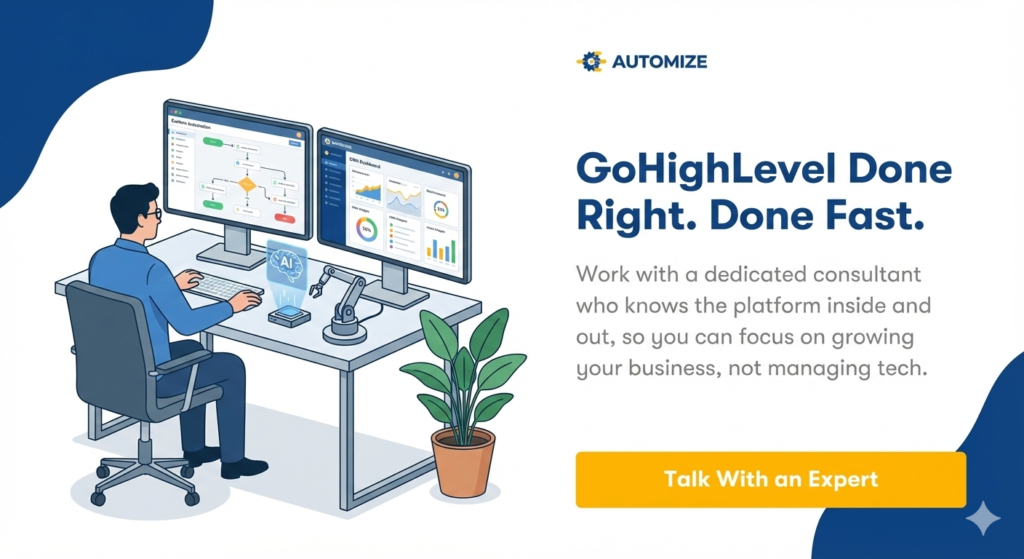 Custom illustration for Automize GoHighLevel consulting services, featuring a specialist managing business automation workflows on dual monitors. CTA
