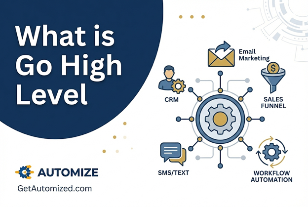 Automize featured image for "What is Go High Level," illustrating the platform as an all-in-one hub with interconnected icons for CRM, Email Marketing, Sales Funnel, SMS/Text, and Workflow Automation.