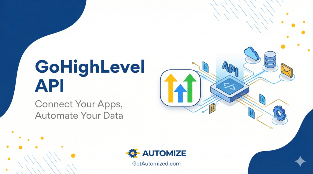 Automize feature image for 'GoHighLevel API,' illustrating a central integration hub connecting external apps and automating data flow.