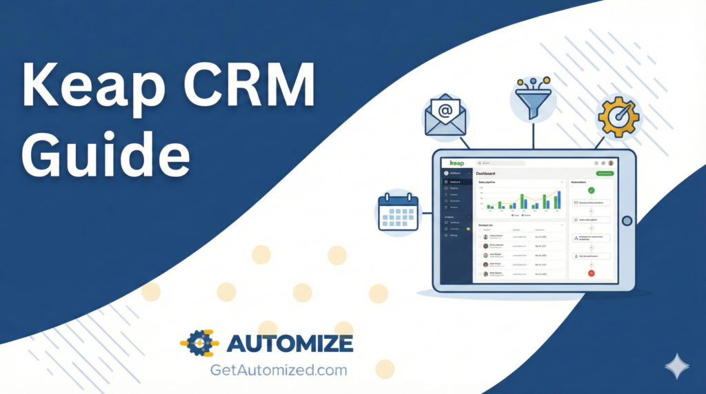 Keap CRM Guide illustration by Automize, featuring a tablet displaying a CRM dashboard and marketing automation icons.