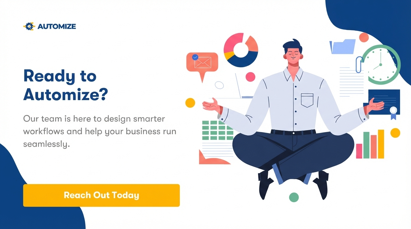 Automize automation expert in casual office attire meditating, representing the peace of mind that comes from managed GoHighLevel workflows. CTA