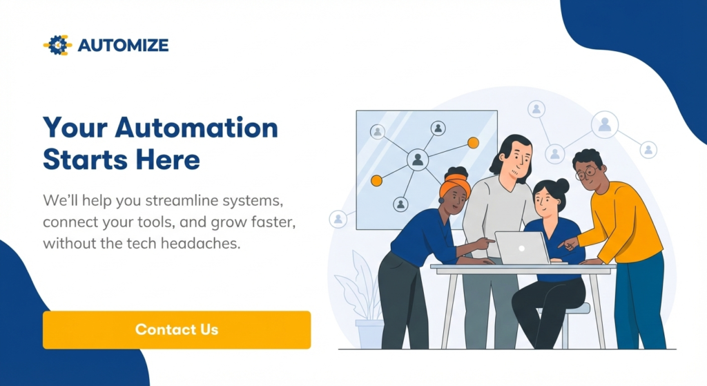 Custom illustration of the Automize team collaborating around a laptop to streamline systems, connect tools, and plan automation strategies. CTA