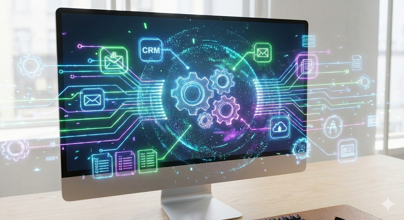 3D visualization of a central CRM and marketing automation engine on a computer screen, representing Automize's core services.