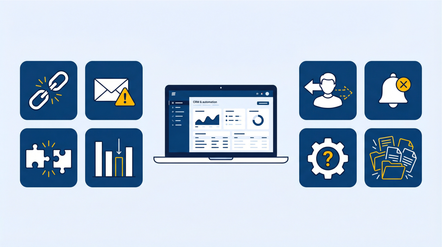 Illustration showing 8 common GoHighLevel problems including broken workflows, email deliverability issues, missed notifications, and integration failures, with a CRM dashboard at the center