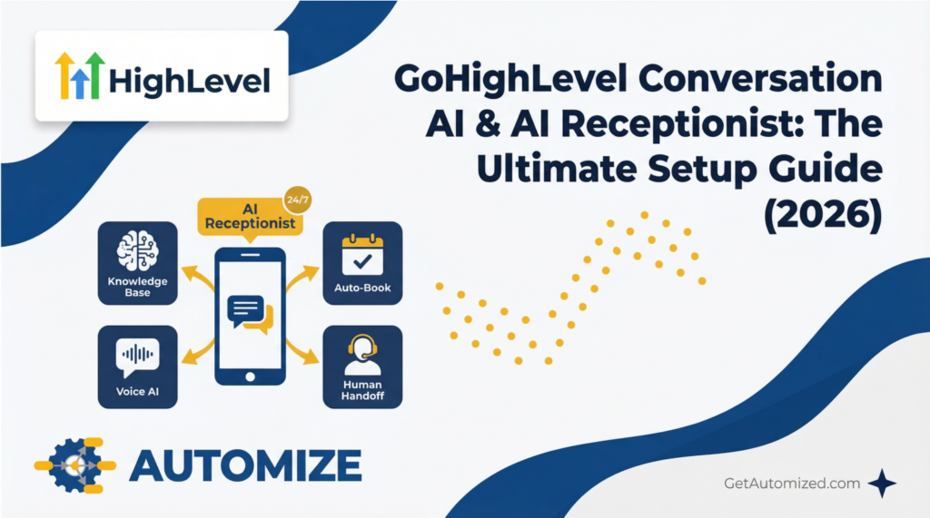 GoHighLevel Conversation AI and AI Receptionist Ultimate Setup Guide 2026 — showing a GHL chatbot connected to Knowledge Base, Auto-Book calendar, Voice AI, and Human Handoff workflow. Gohighlevel conversation ai setup