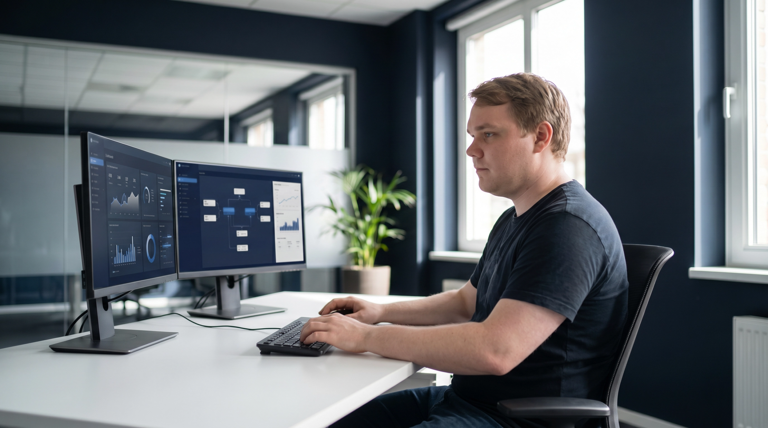 Marketing automation consultant reviewing workflow dashboards and CRM analytics